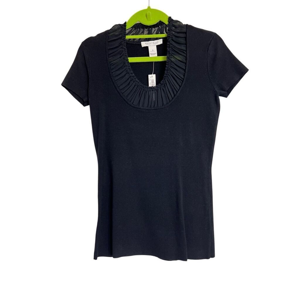 White House Black Market Knit Top Womens Small Black Ruched Neck Silk Blend NWT